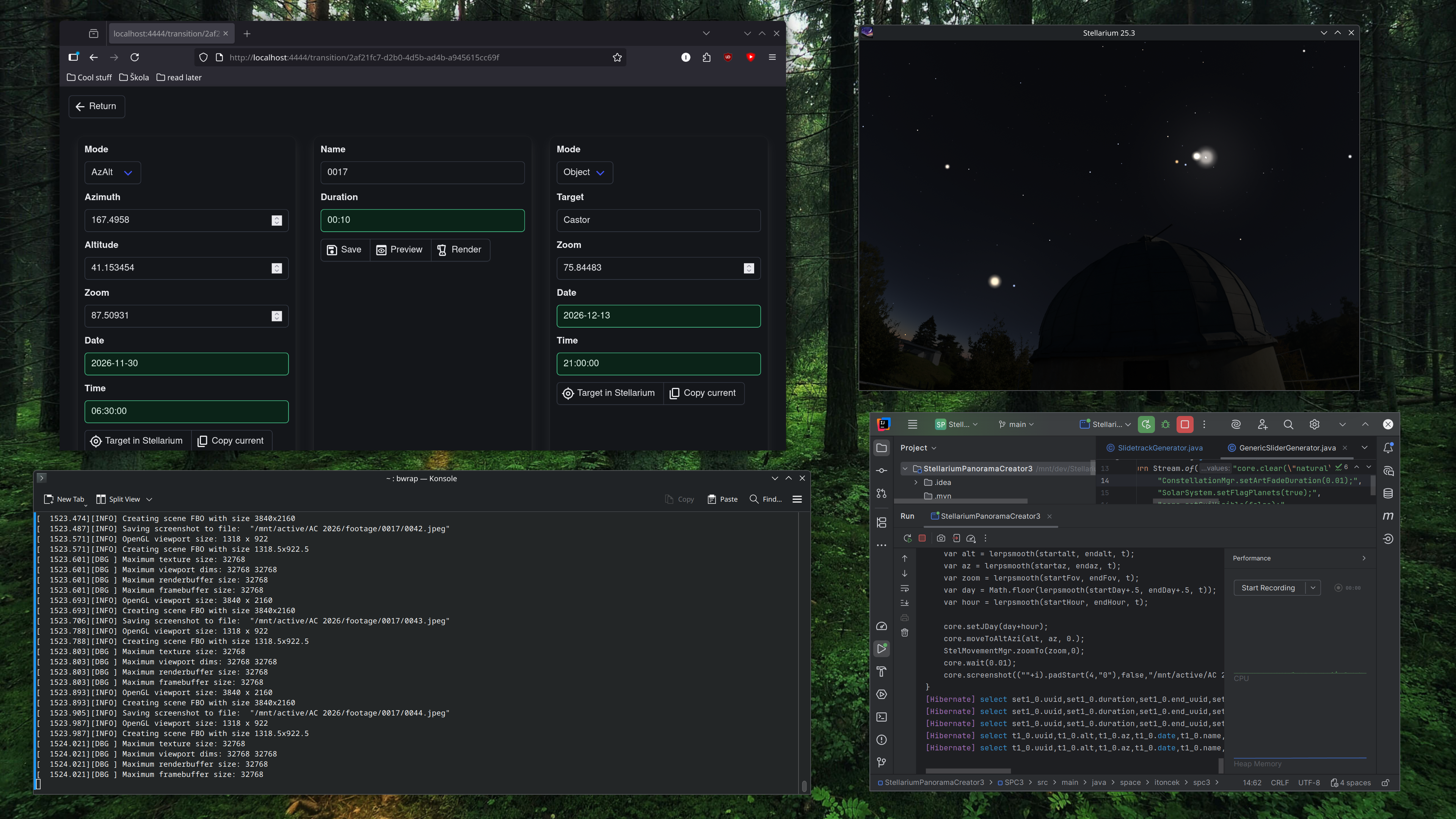 Screenshot of KDE Plasma desktop, with a web browser containing the control panel of SPC3, Stellarium, IntellIJ Idea with SPC3 source code and terminal with Stellarium log